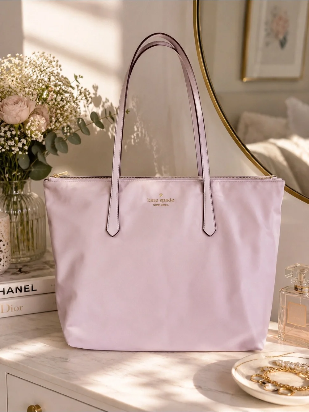 Kate Spade New York Light Pink Nylon Tote Bag | Large Zip Top Shoulder Bag